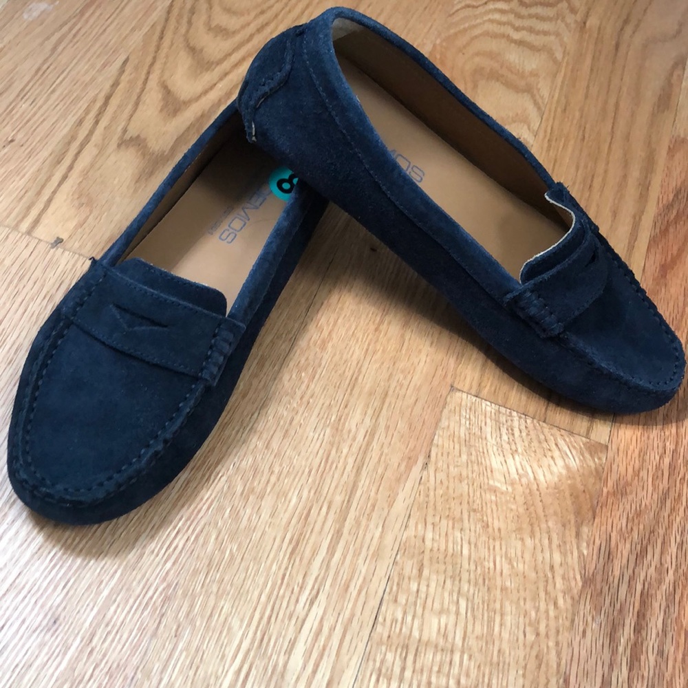 Blue suede loafers